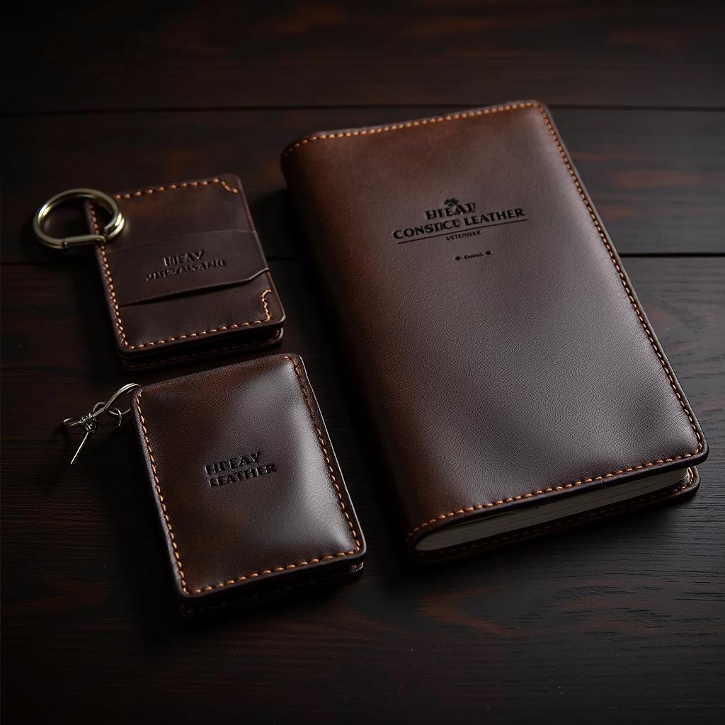 Bộ quà tặng doanh nghiệp bằng da cao cấp được sản xuất bởi Công ty An Nhiên Leather, bao gồm sổ tay, ví và móc khóa.