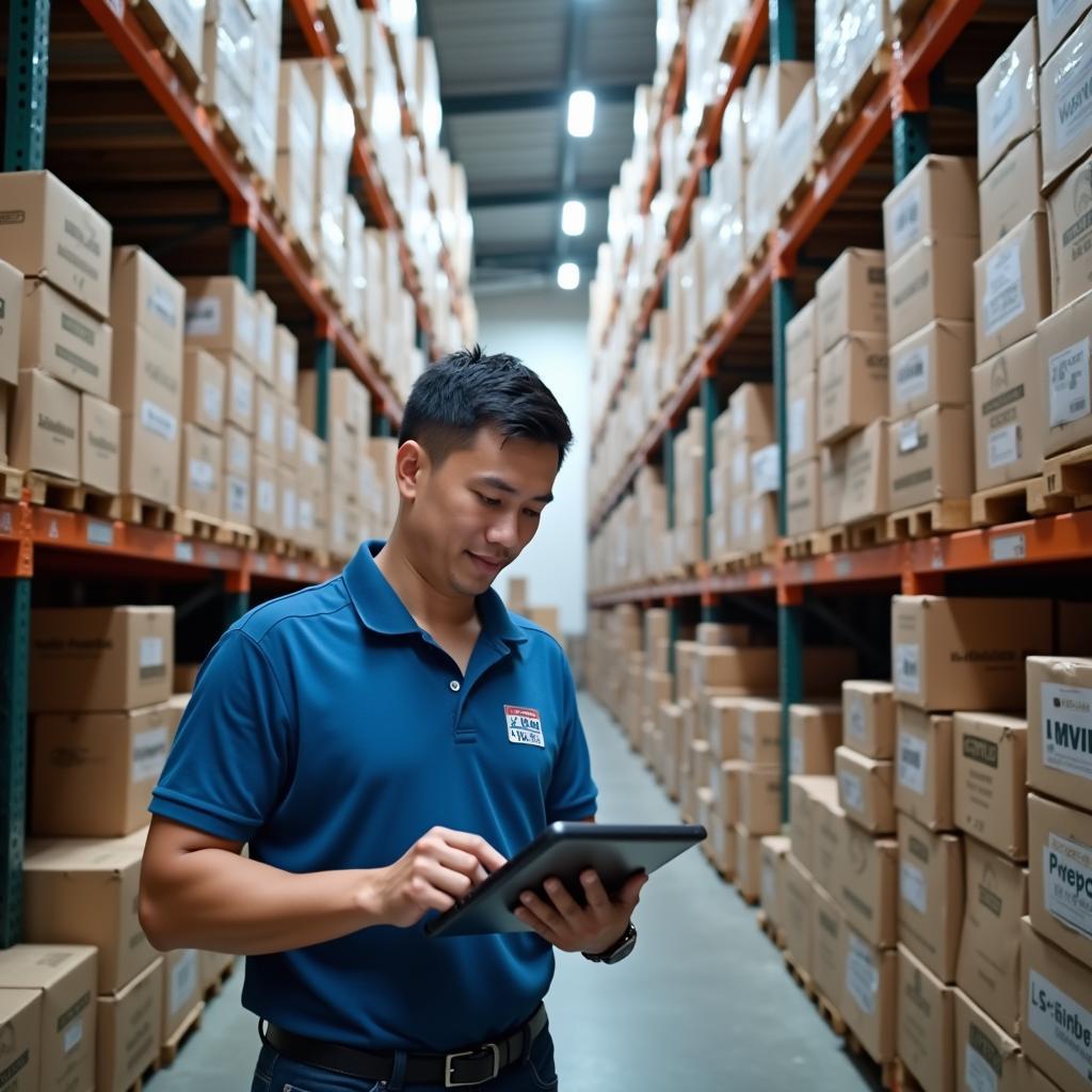 Kho hàng thiết bị điện công nghiệp hiện đại của Công ty Trần Gia Phát tại Bến Cát, Bình Dương với đa dạng sản phẩm.