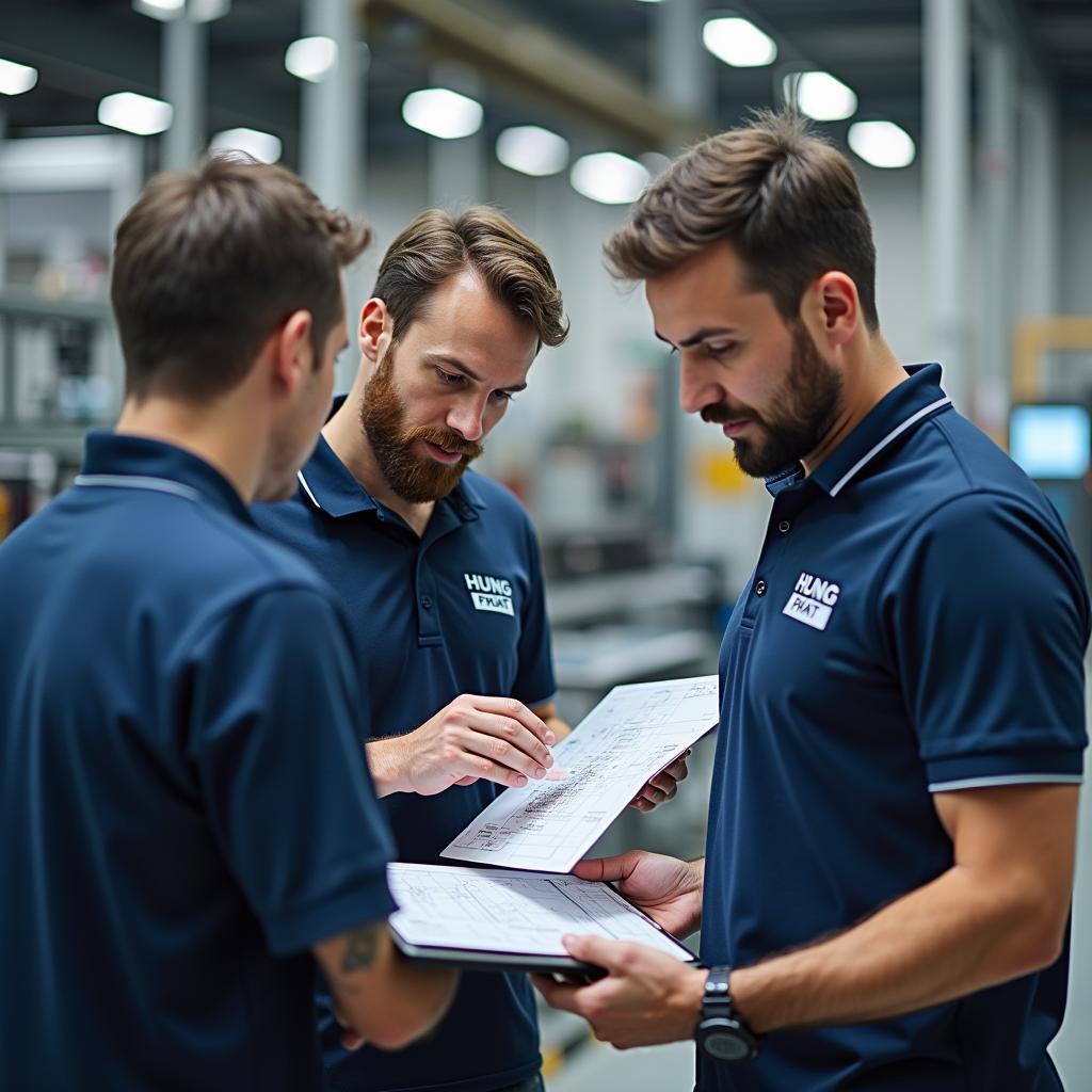 Đội ngũ kỹ sư chuyên nghiệp của Công ty Hùng Phát đang tư vấn giải pháp tự động hóa cho đối tác tại nhà máy.
