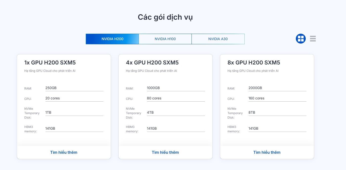 Bảng báo giá các gói dịch vụ cho thuê GPU Cloud: NVDIA H200, NVDIA H100, NVIDIA A30